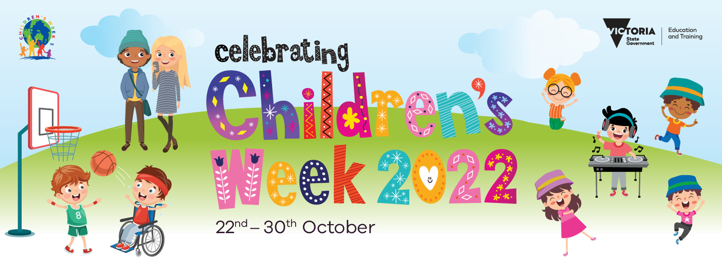 Promotional Children's Week tile featuring simple drawn images of children playing