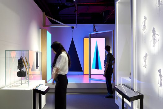 Pepper's Ghost (background) and screen objects (foreground) of the Moving Pictures section of The Story of the Moving Image (photograph by Shannon McGrath).jpg