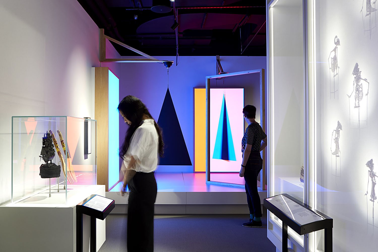 Pepper's Ghost (background) and screen objects (foreground) of the Moving Pictures section of The Story of the Moving Image (photograph by Shannon McGrath).jpg