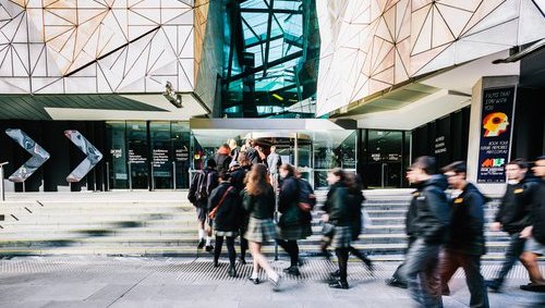 Students walking into ACMI Fed Square entrance