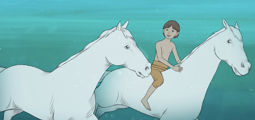 Boy riding horse underwater - still from Magic Beach