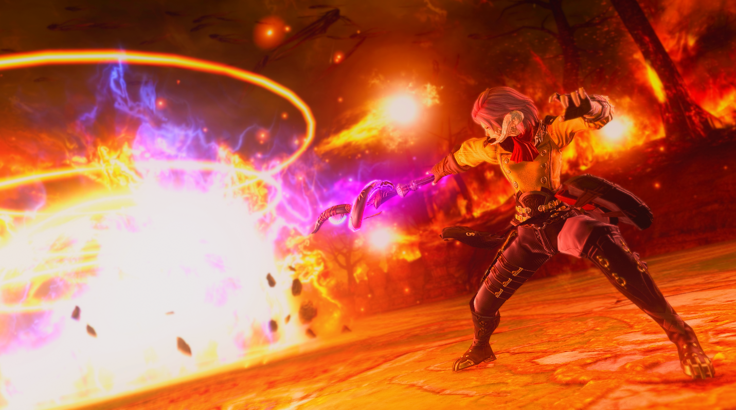 An image of a fantastical character using a purple staff to shoot a blazing beam of light.