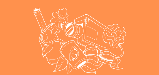 An orange and white illustration showing a video camera, flowers and drinks.
