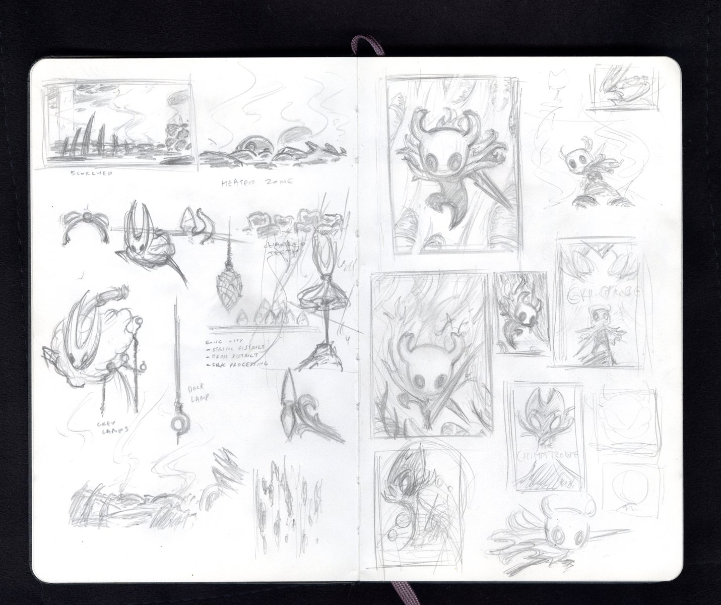 A white sketchbook with frenetic pencil sketches on it, of Hornet, the protagonist of Hollow Knight Silksong, a bug-like creature with a U shaped head and big dark eyes, dashing and jumping through the air, armed with a needle. on the right side is the knight from hollow knight, a more squat figure who has a nail for a weapon and is also bug like with horns.