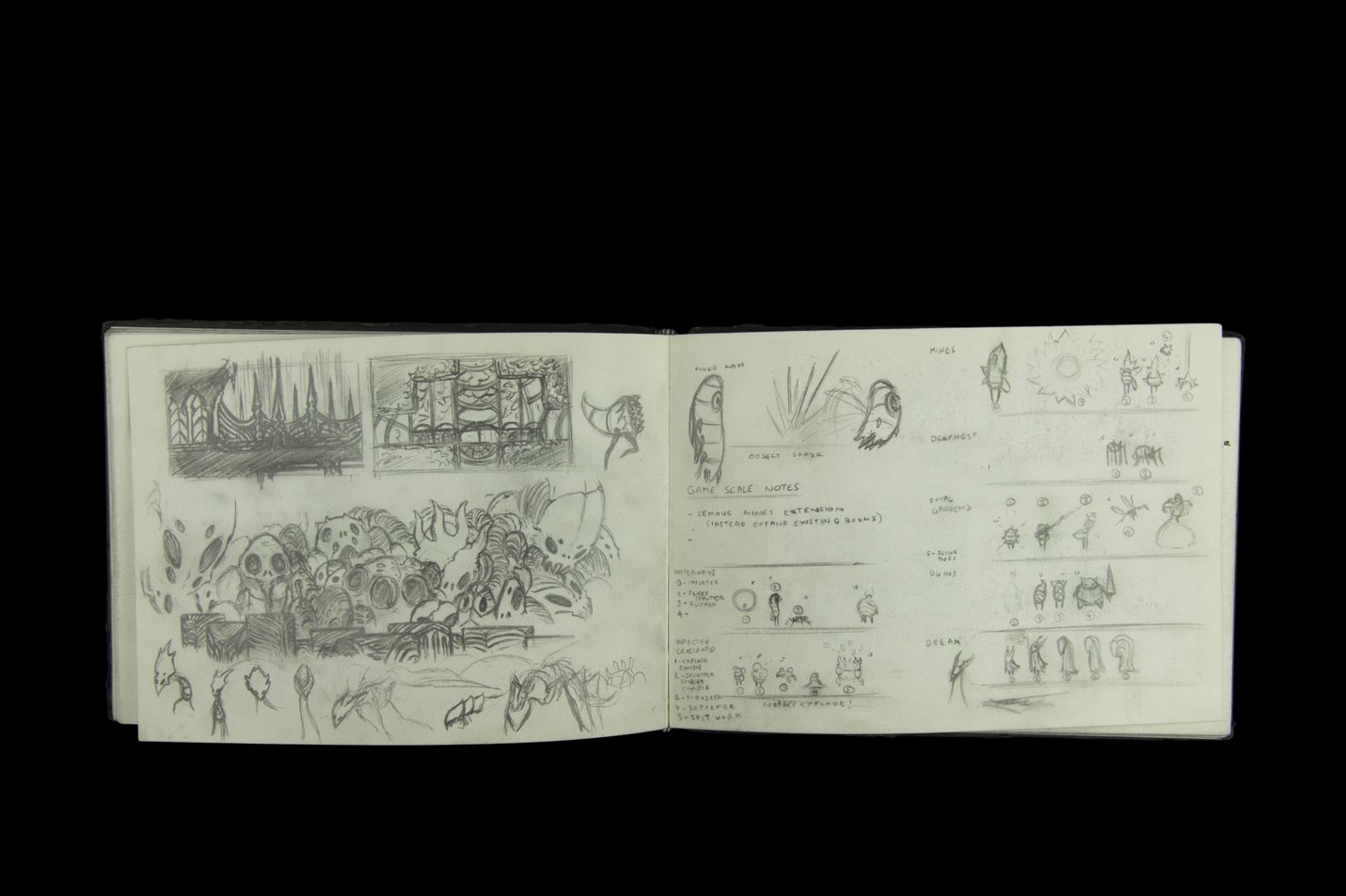 A two page sketch book spread with lots of little fantastical creatures sketched in pencil. A two page sketch book spread with lots of little fantastical creatures sketched in pencil.