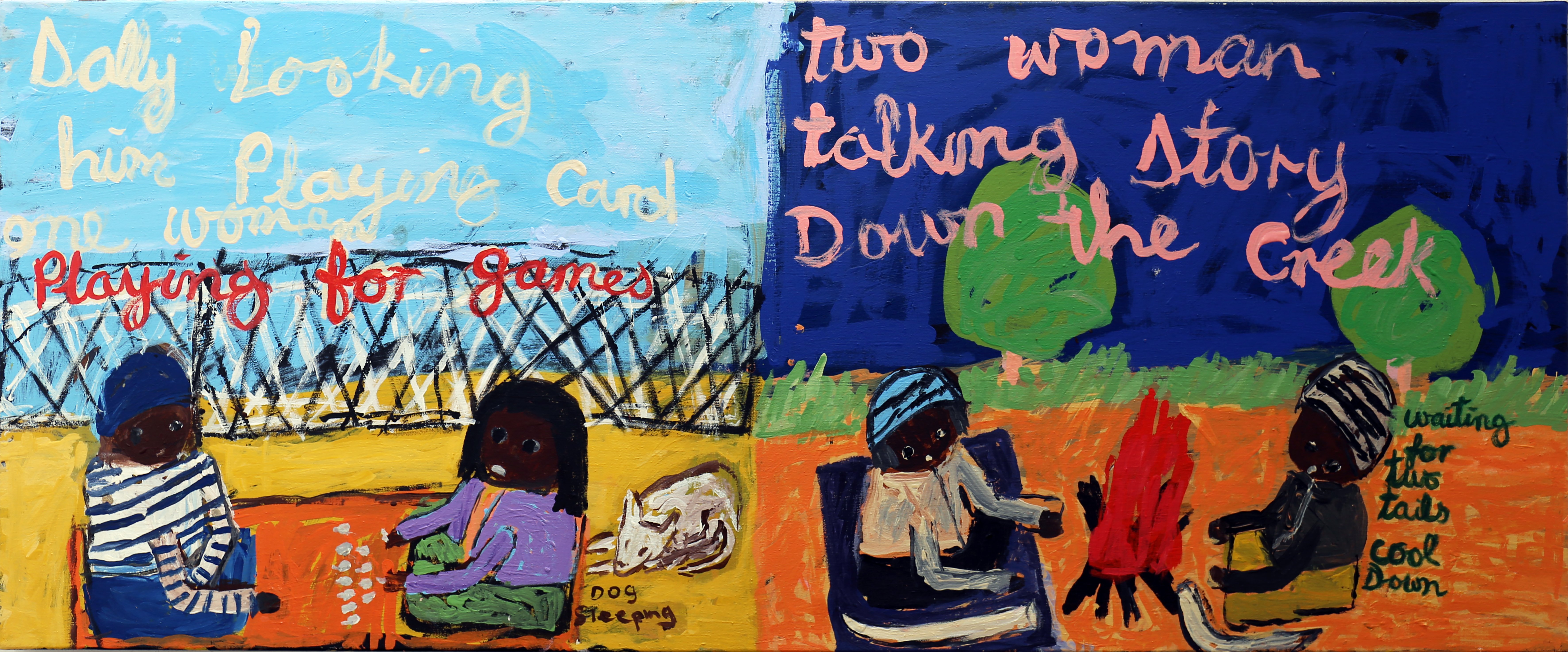 Colourful artworks by Arrernte and Southern Luritja artist Sally M Nangala Mulda and Arrernte and Western Arrarnta artist Marlene Rubuntja displayed in ACMI's Two Girls From Amoonguna exhibition
