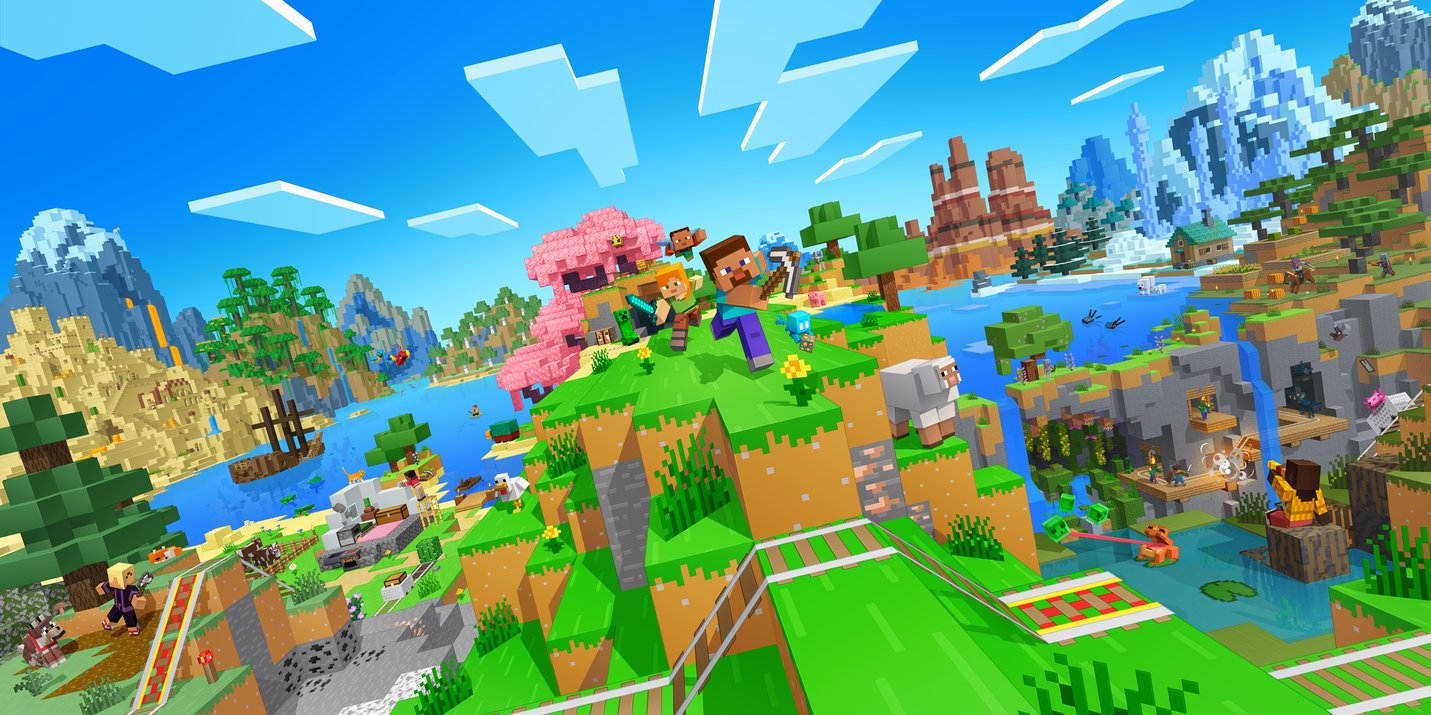 ACMI Game Worlds, Minecraft (2009-), key art courtesy of Mojang Studios.