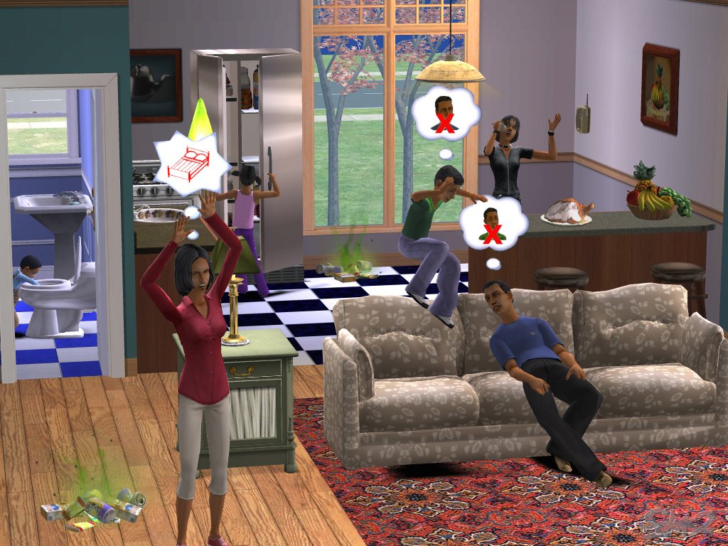 An animated family in the Sims 2, throwing their hands up in dismay. One child is digging through the toilet, another is jumping on the couch, while another looks in the fridge and finally, one speaks on the phone. The parents are exasperated.