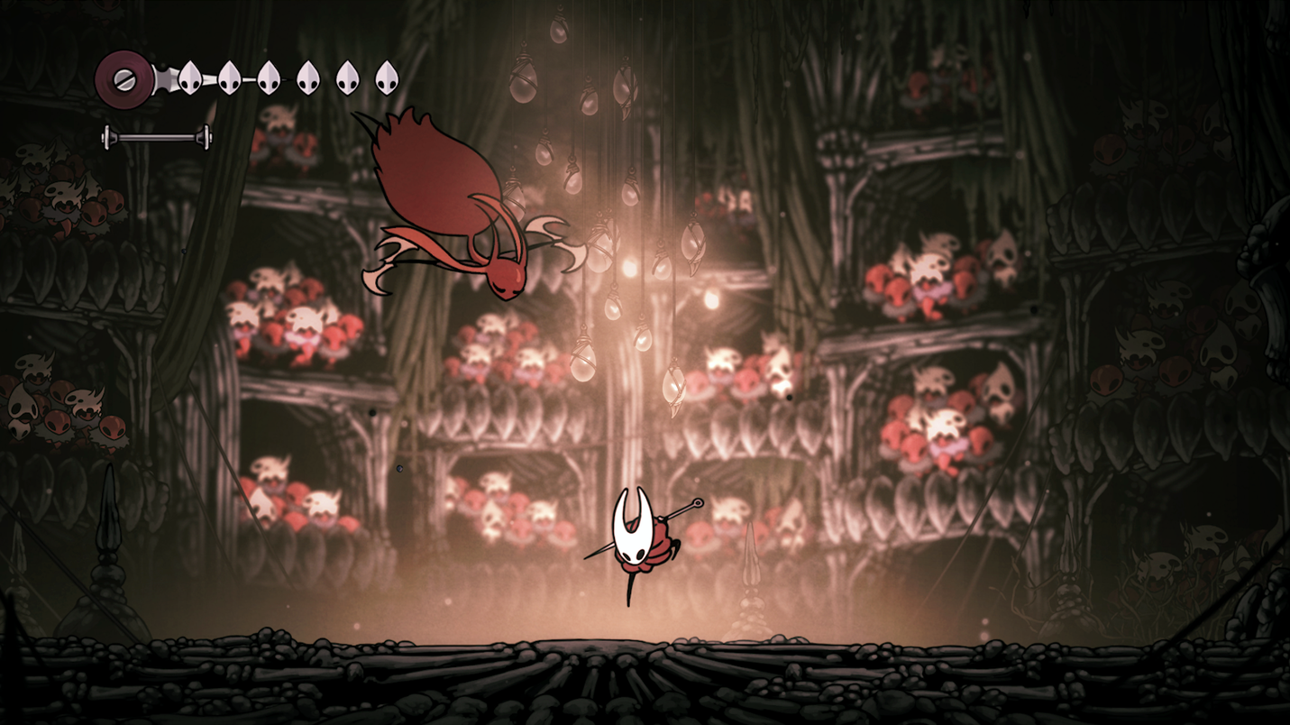 An image of Hornet, the protagonist of Silksong, gliding through the air to dodge an attack from a large, nimble red enemy who is reminiscent of a tango dancer. An image of Hornet, the protagonist of Silksong, gliding through the air to dodge an attack from a large, nimble red enemy who is reminiscent of a tango dancer.