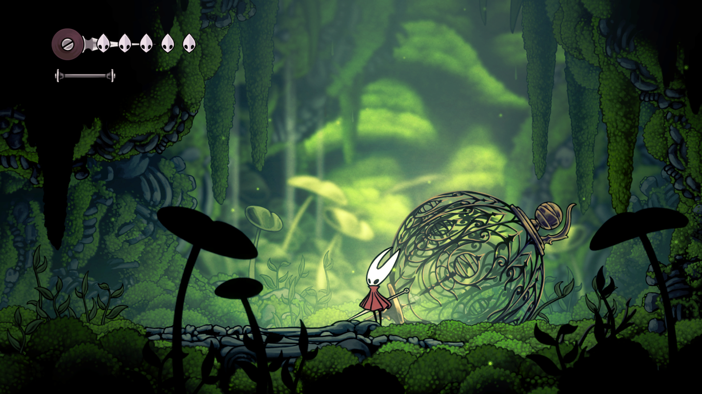 A screenshot of the moss grotto level in hollow knight: silksong, with the character hornet in a red cloak standing against a lush green background. A screenshot of the moss grotto level in hollow knight: silksong, with the character hornet in a red cloak standing against a lush green background.