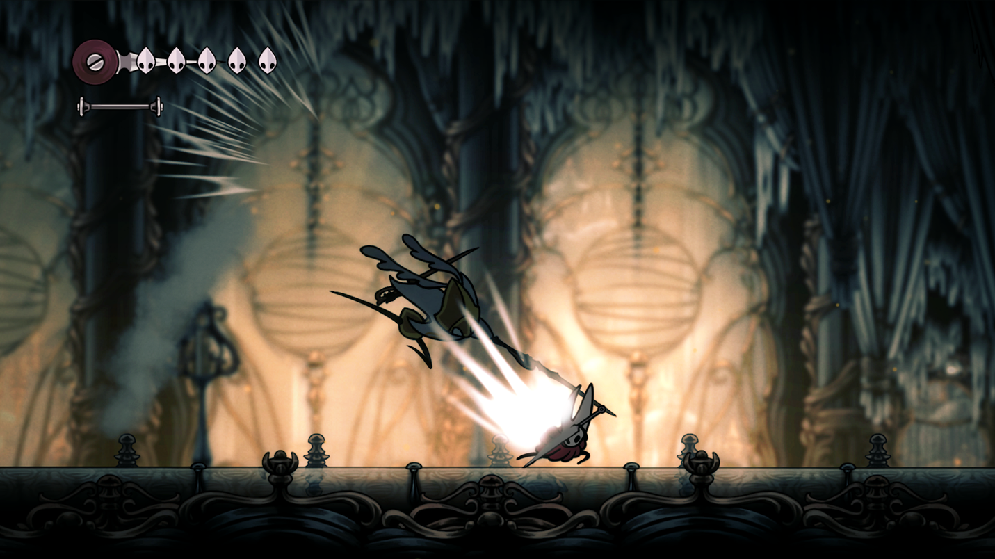 A screenshot of a battle between Hornet, the protagonist of silk song, and another figure against a holy city background. The enemy is dashing down at Hornet and she is blocking it in a shower of sparks. A screenshot of a battle between Hornet, the protagonist of silk song, and another figure against a holy city background. The enemy is dashing down at Hornet and she is blocking it in a shower of sparks.