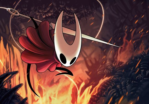 Key art from the videogame silksong, featuring hornet, a small bug like character in a red cloak with a needle and large red eyes and a white face, dashing downwards.