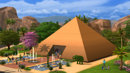 A Sims-style house that is the shape of an ancient pyramid.