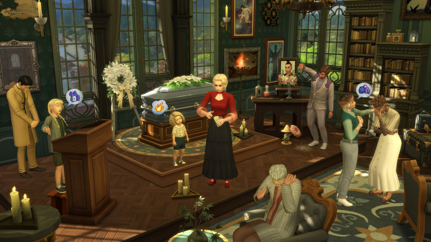 An image from The Sims life and death. It shows a family in a gothic style home, during a funeral while some people mourn and others make a speech. People are sad and are consoling each other.