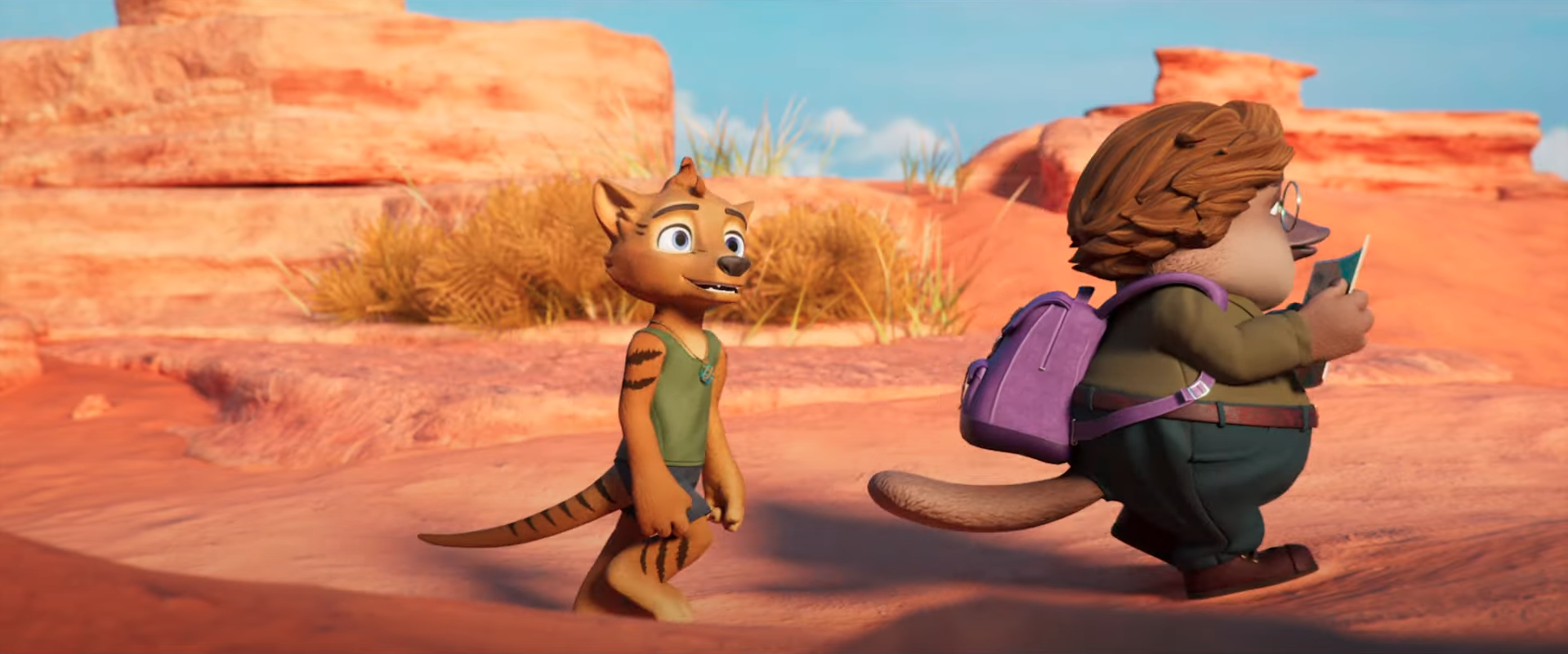 Cartoon Tasmanian Tiger in red desert landscape with cartoon Platypus