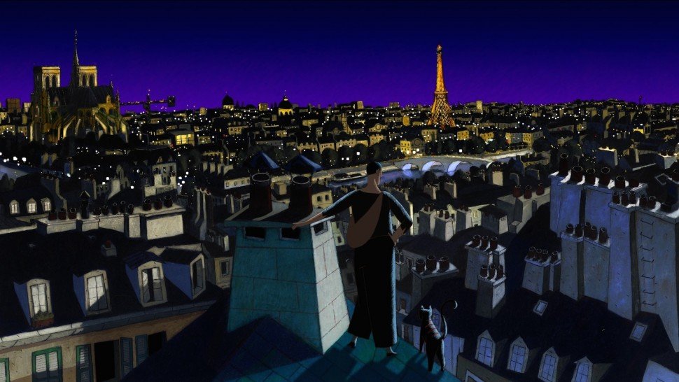 Image from animation of Man and Cat looking out on Paris at night