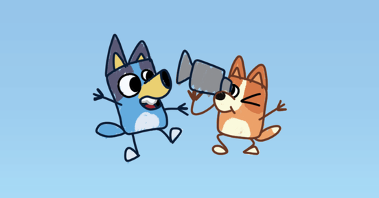 Animated characters from Bluey TV series using a video camera