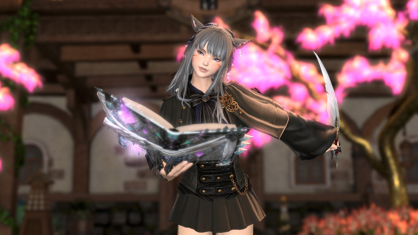 An image of a character avatar in Final Fantasy online. It's a young looking girl with grey hair and cat ears, with an open spell book and a dagger, pink blossoms surround them.