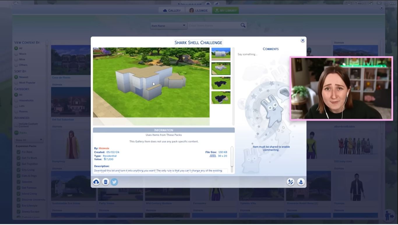 A screenshot of lilsimsie's live streaming her shark shell challenge, featuring a woman in the bottom left corner with short brown hair, talking over a skeleton of a building shaped like a shark.