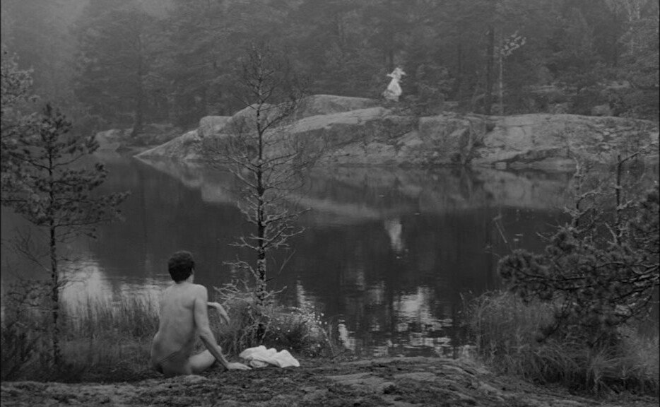 Naked man on lakeside watching a woman running on the other shore - 'Loving Couples' (1964)