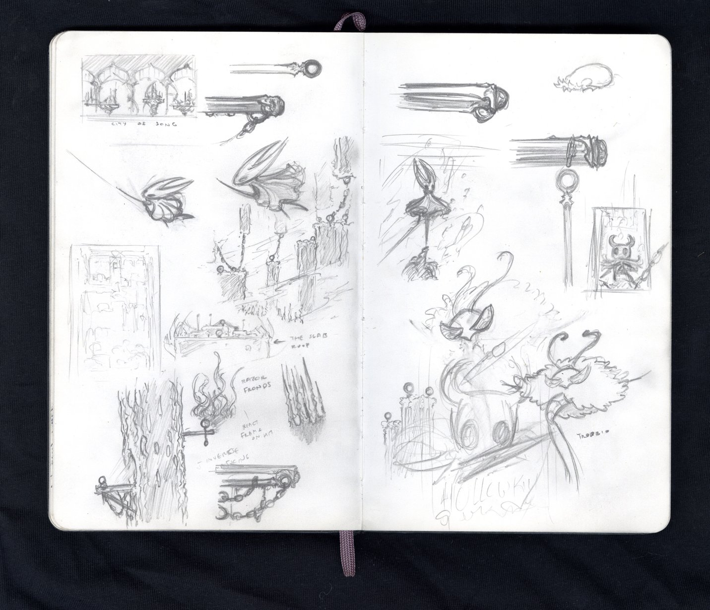 A sketchbook featuring sketches of Hornet from HOllow Knight Silksong moving frenetically in dashed lines.