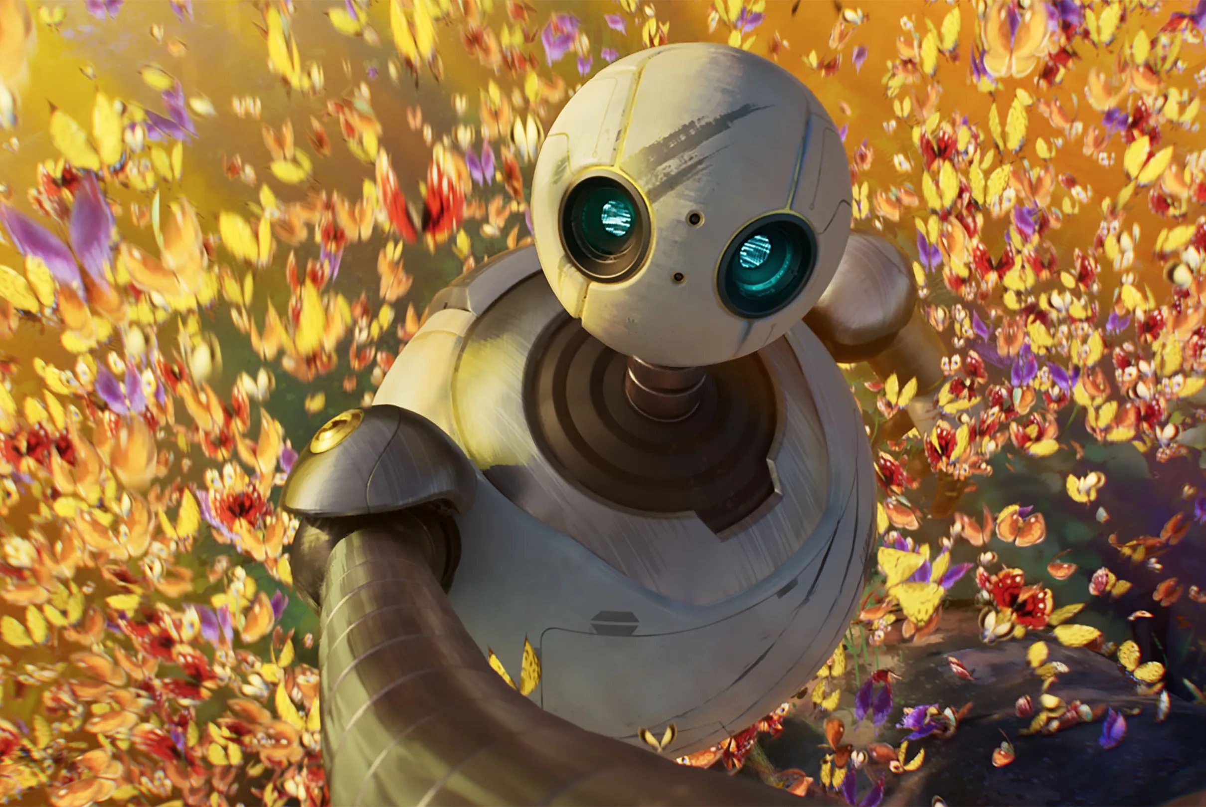 High angle shot of a round-shaped robot against a colourful background
