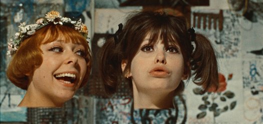 Two woman's faces, one with a flower crown on and the other with pigtails