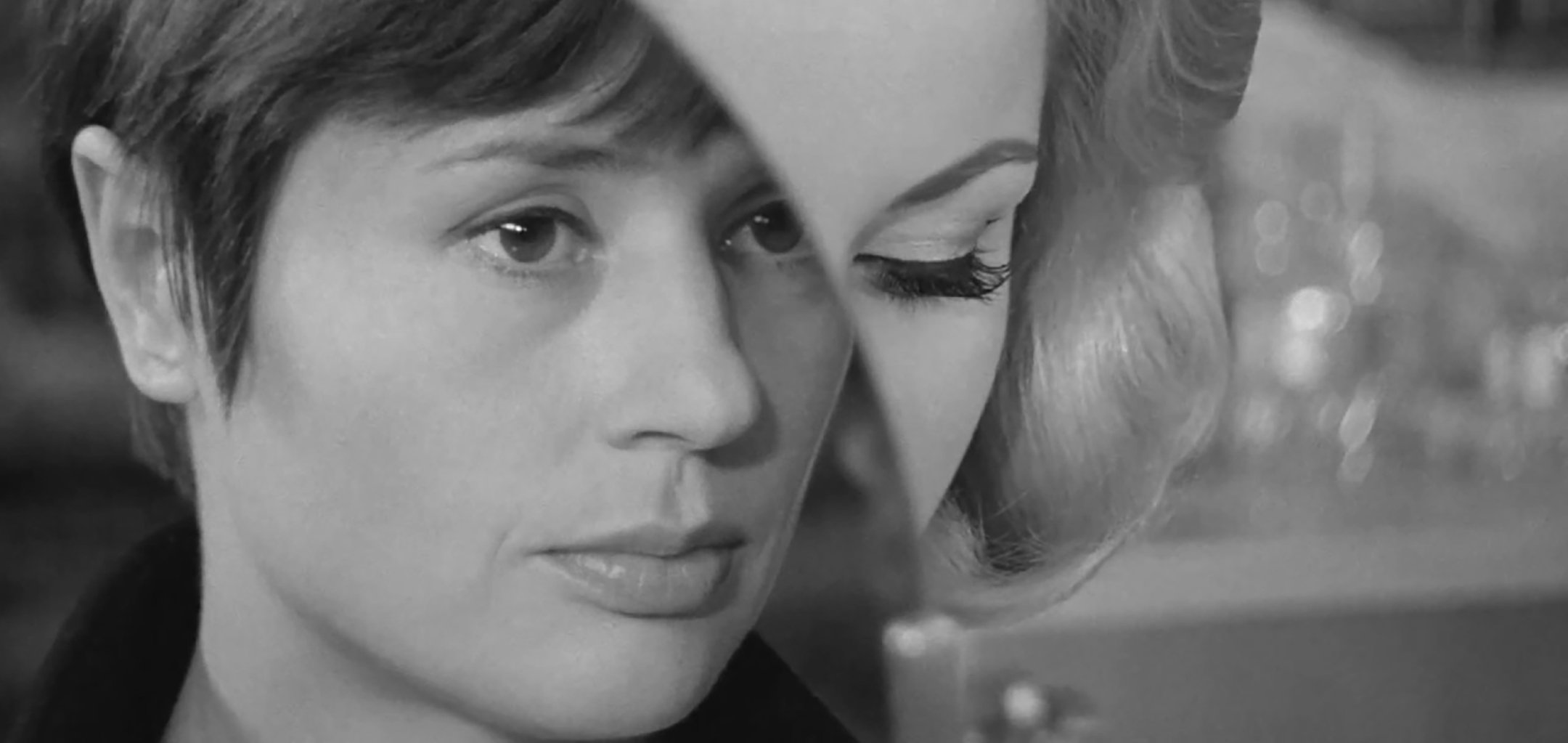 Bibbi Andersson and Harriet Andersson, faces superimposed on top of each other in a still from 'The Girls' (1968)