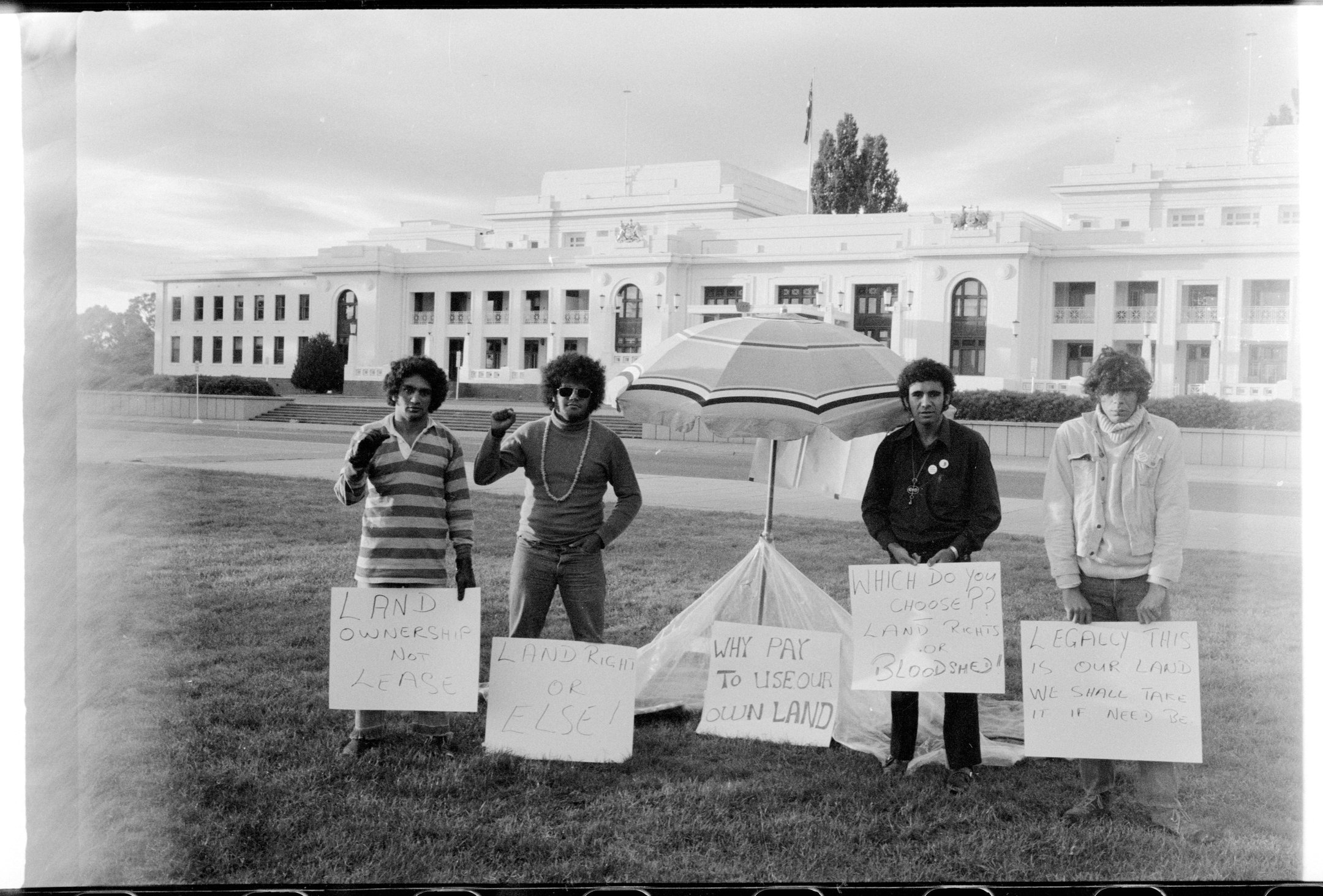Aboriginal Tent Embassy, 26 January 1972. Left to right: Billy Craigie, Bert Williams, Michael Anderson and Tony Coorey. Courtesy Alamy