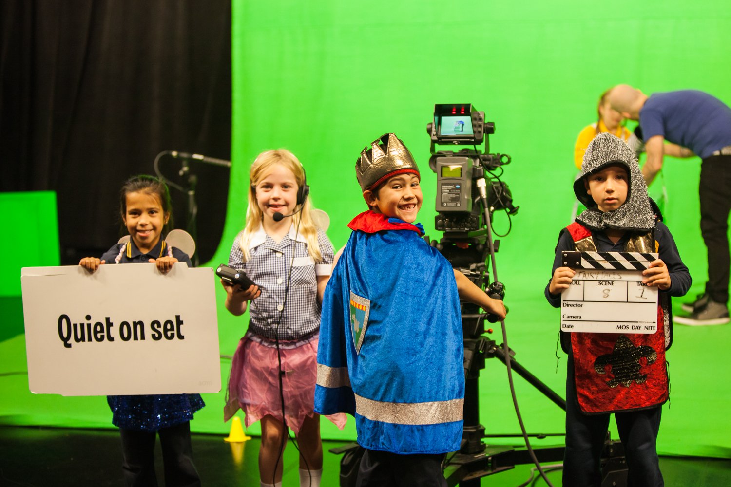 Primary age students on green screen