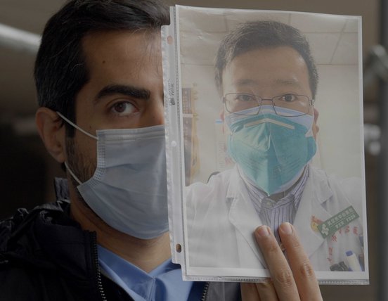 A nurse from Mount Sinai hospital protesting in New York City - still from 'In the Same Breath' (2021)