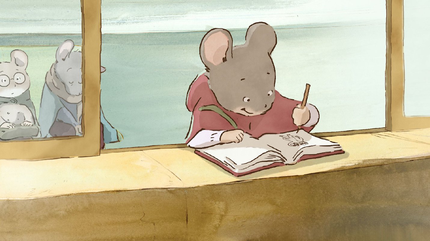 Cartoon Celestine mouse drawing in their sketchbook