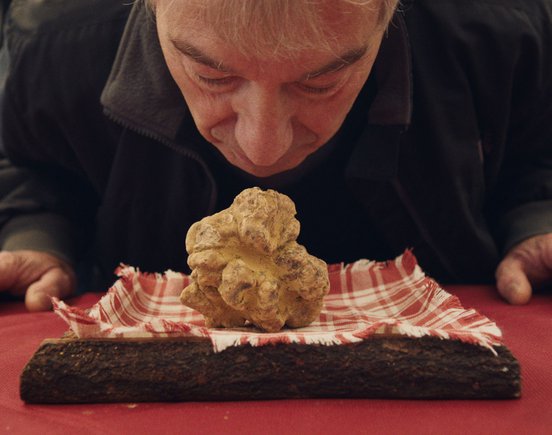 Closeup of man sniffing a truffle in a still from 'The Truffle Hunters' (2020)