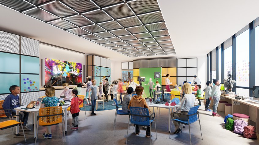 Artist render of Gandel learning lab with children in a workshop