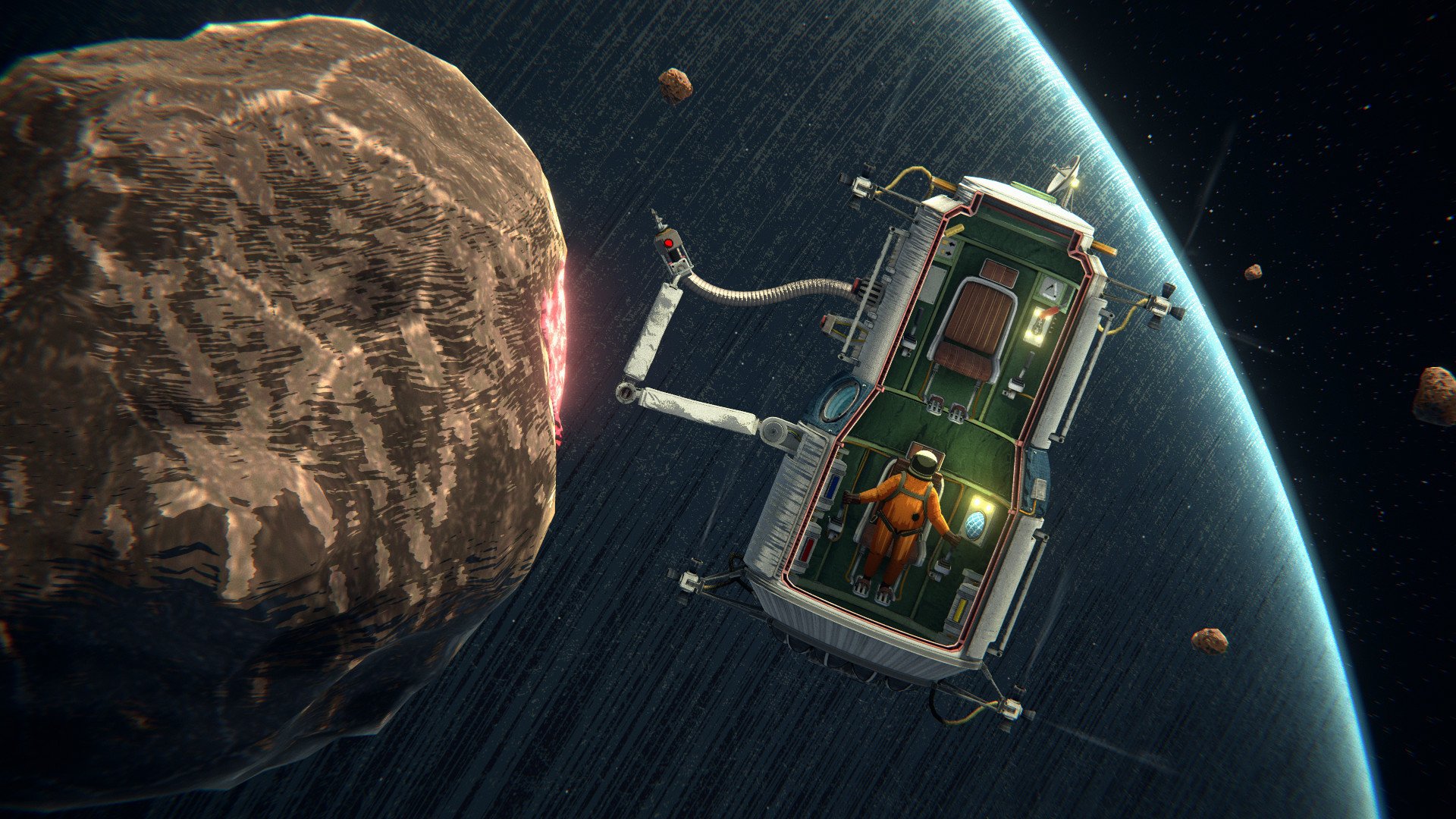 A still from the videogame Heavenly Bodies, which depicts a cosmonaut in an orange suit who is piloting a space shuttle. The shuttle is passing by an asteroid