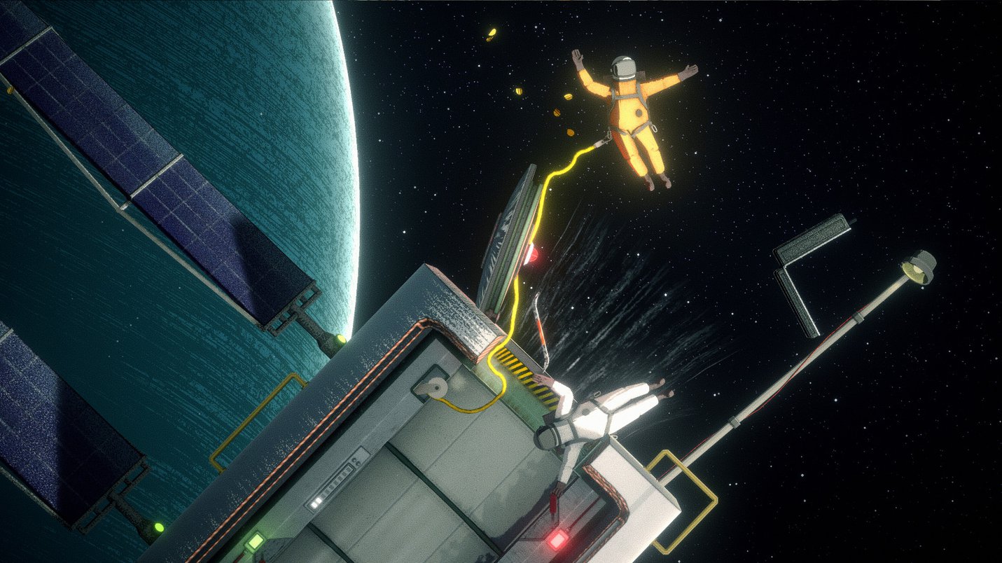 2 Astronauts floating in space - screenshot from 'Heavenly Bodies' (2021)