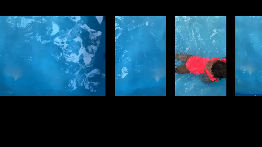A still from John Harvey's screen art work 'Canopy' (2020), depicting a young girl in a fluorescent pink bathing suit swimming in a pool. The image is shot from above and split into 4 panels.