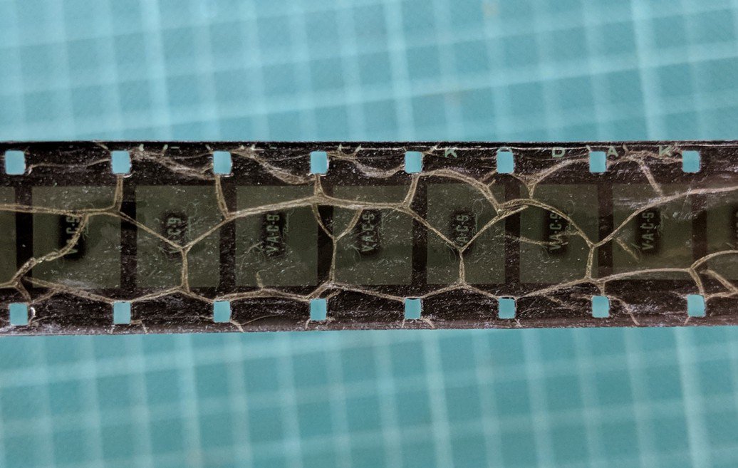 Details of deterioration on Kenneth Rankine films. (Left) Channels forming in the film due to extreme shrinkage