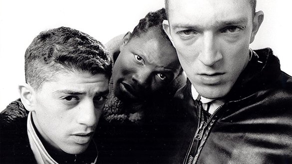 Publicity still from 'La Haine' (1995) with main cast - black and white