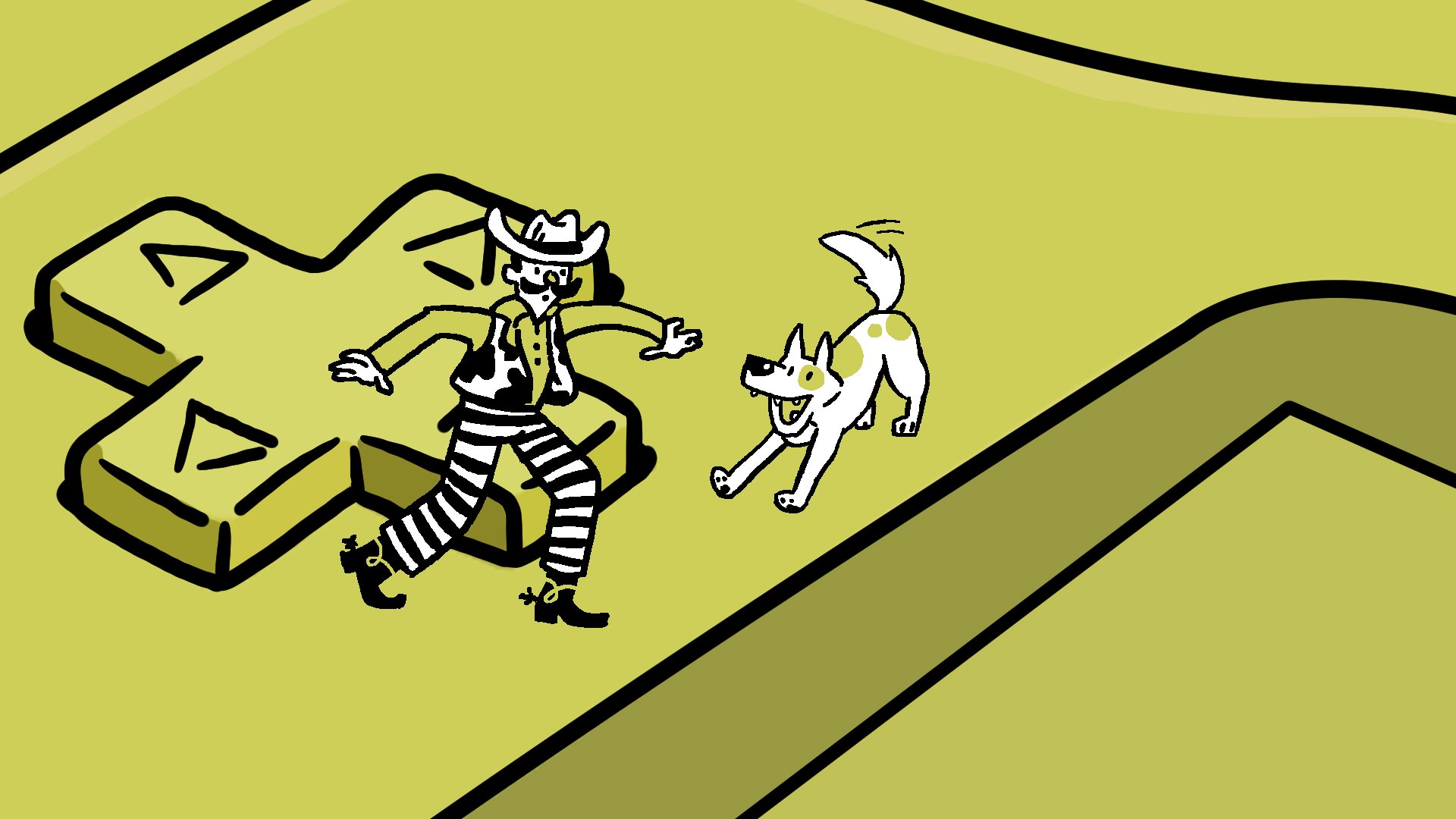 A tiny cartoon cowboy and his dog standing on a yellow handheld game console