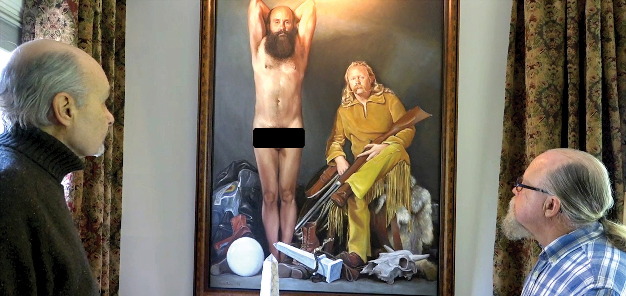Two guys staring at a weird painting in a still from Raw! Uncut! Video! (2021)