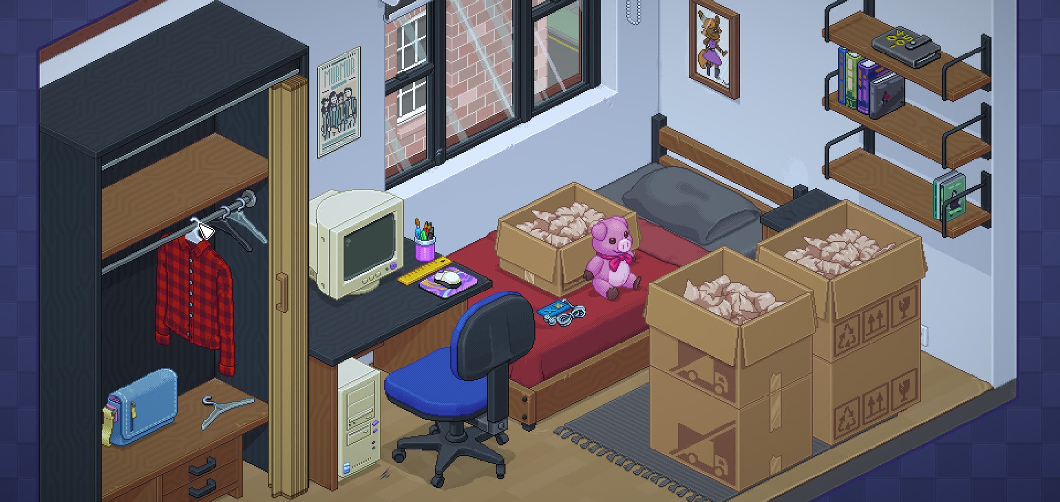 Screenshot of bedroom from 'Unpacking' (2021) Witch Beam Games