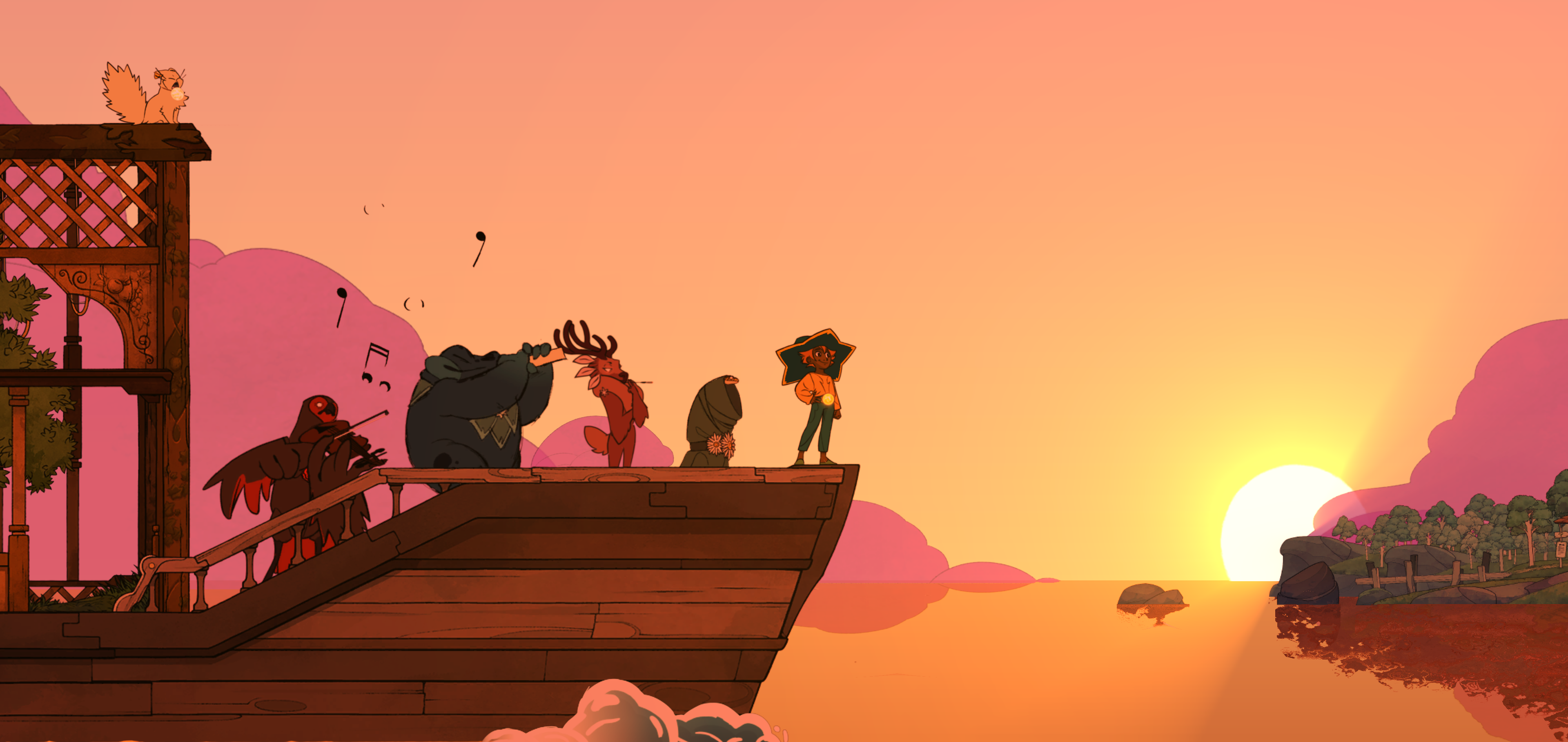 Stella on the boat at sunset with her crew who are playing musical instruments in a screenshot from Spiritfarer (2020)