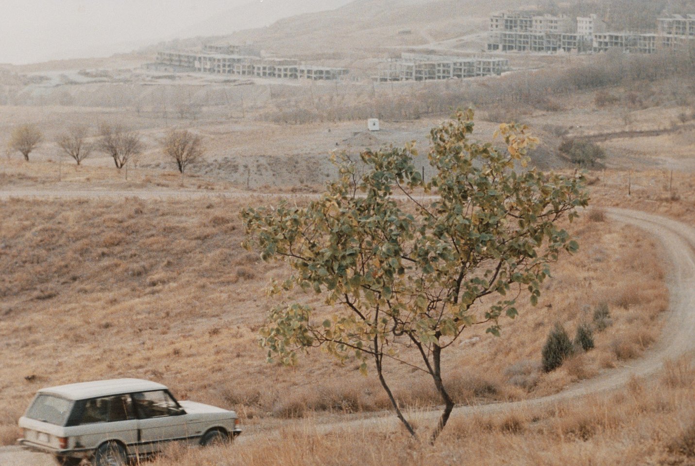 A wide landscape shot of dusty, golden hills in the outskirts of Tehran with a tree and a Jeep in the foreground.