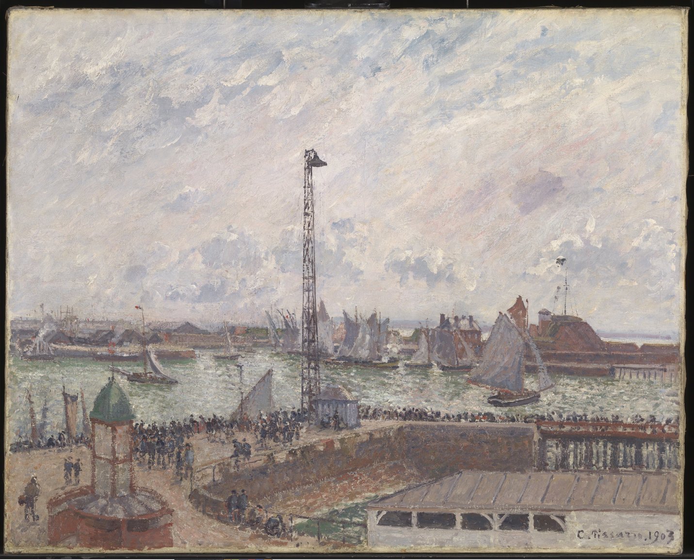 An impressionist painting of an industrial harbour in France in the early 19th century, with sailboats and a crowd gathered on a pier. This painting is by Camille Pissaro.