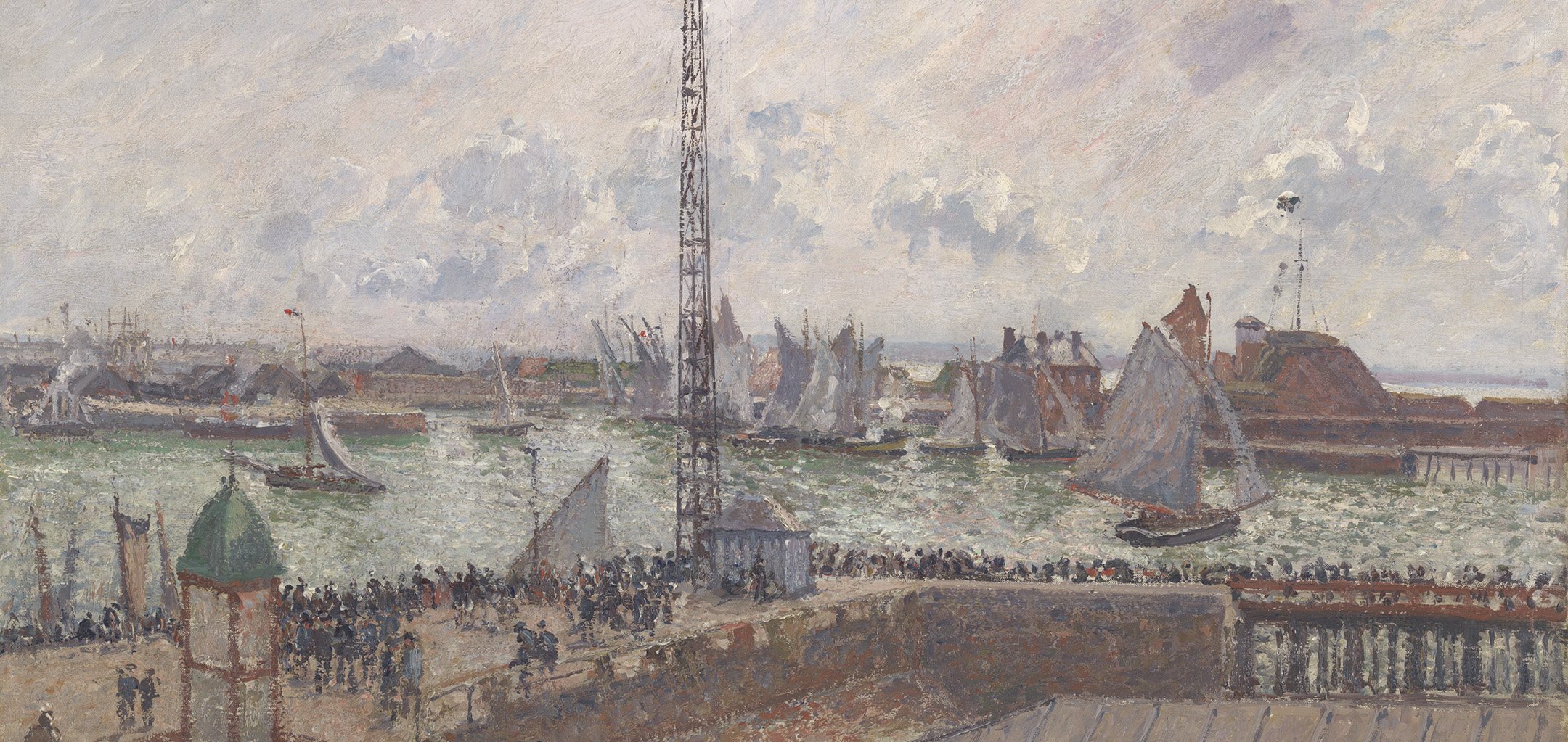 An impressionist painting of an industrial harbour in France in the early 19th century, with sailboats and a crowd gathered on a pier. This painting is by Camille Pissaro.
