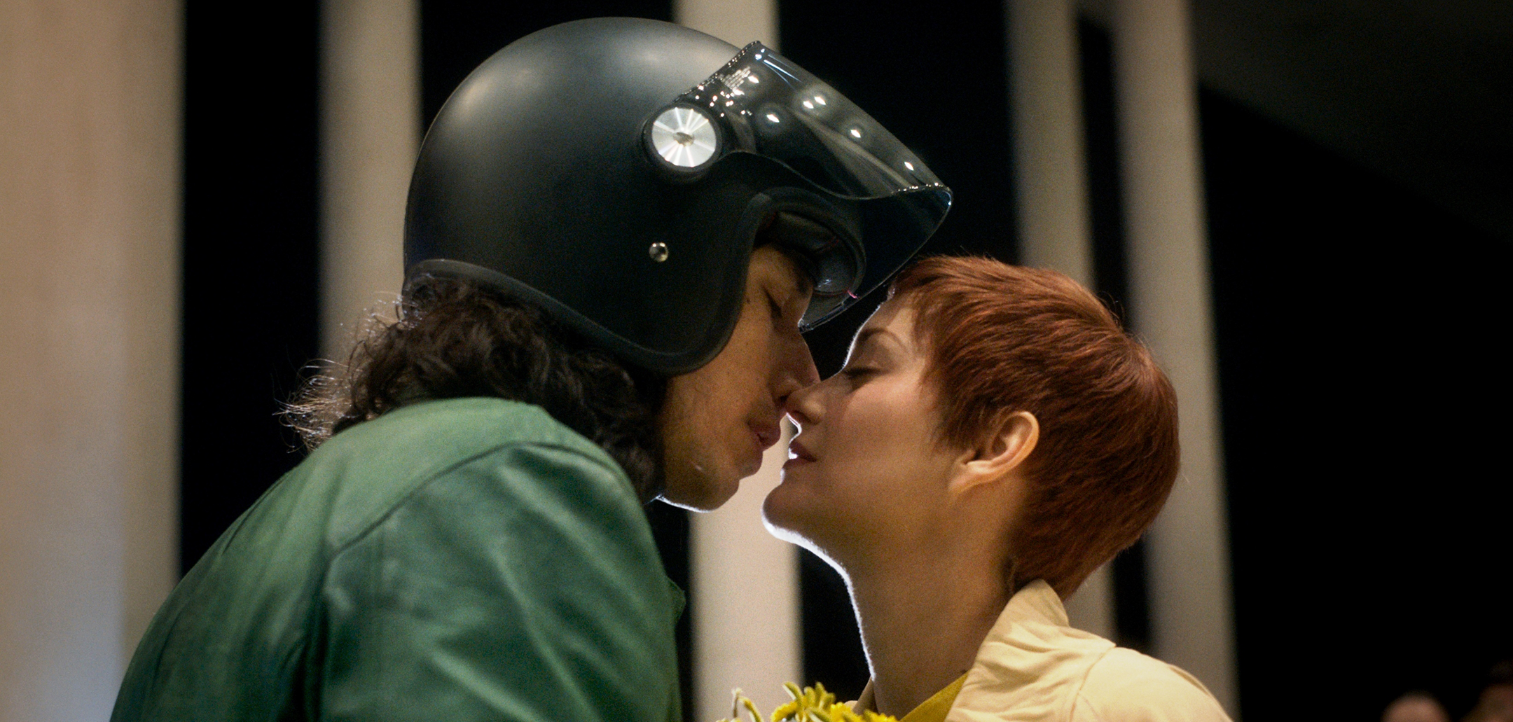 Adam Driver and Marion Cotillard share a kiss in a still from 'Annette' (2021)