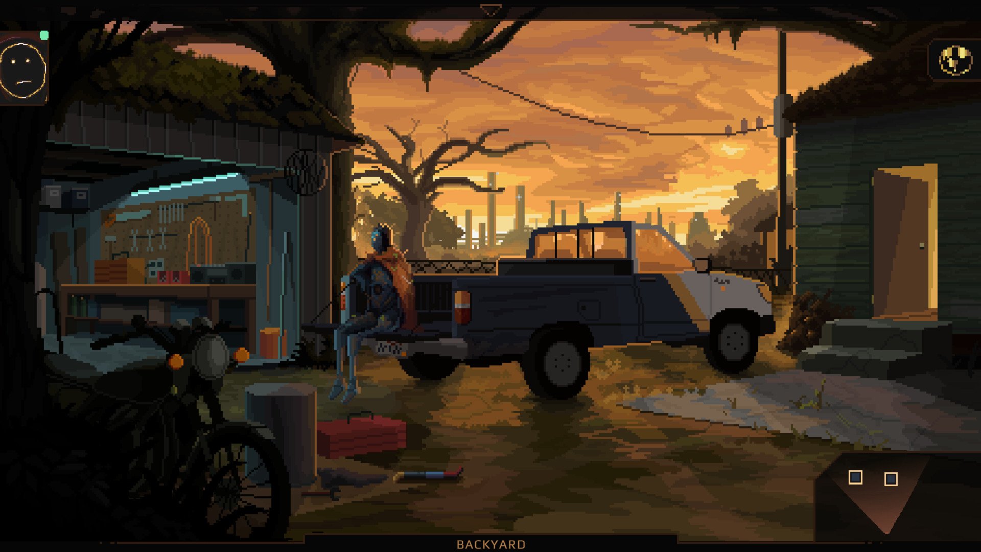A pixel art still from the videogame NORCO. it depicts masked figured sits in the back of a pick-up truck.