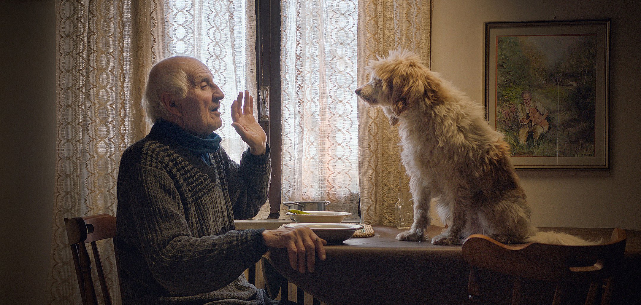 An elderly man gesticulating to a dog sitting on his kitchen table in a still from 'The Truffle Hunters' (2020)