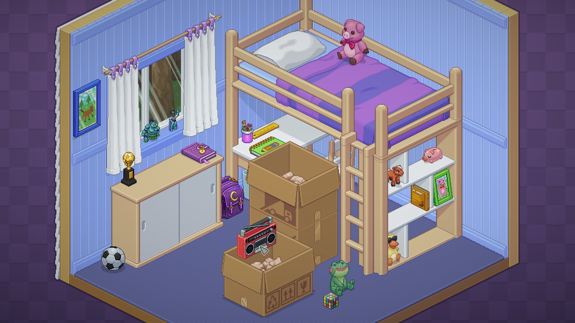 Still from Unpacking (2021) - kid's bedroom with moving boxes on the floor